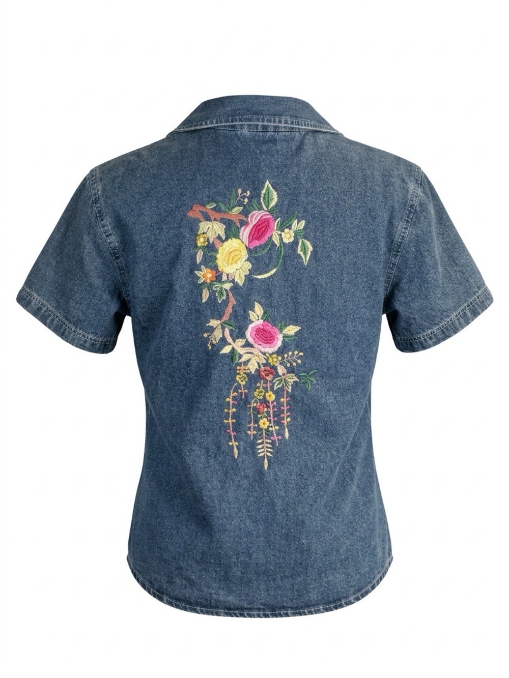 Diapers & Damons Petites Sz Medium Embroidered Denim Shirt with Floral Design.